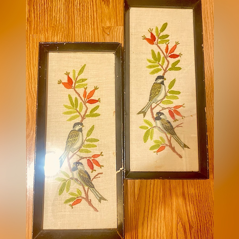 Vintage Crewel Birds on tree Heirloom Needlepoint Art Deco Rare art decor mcm